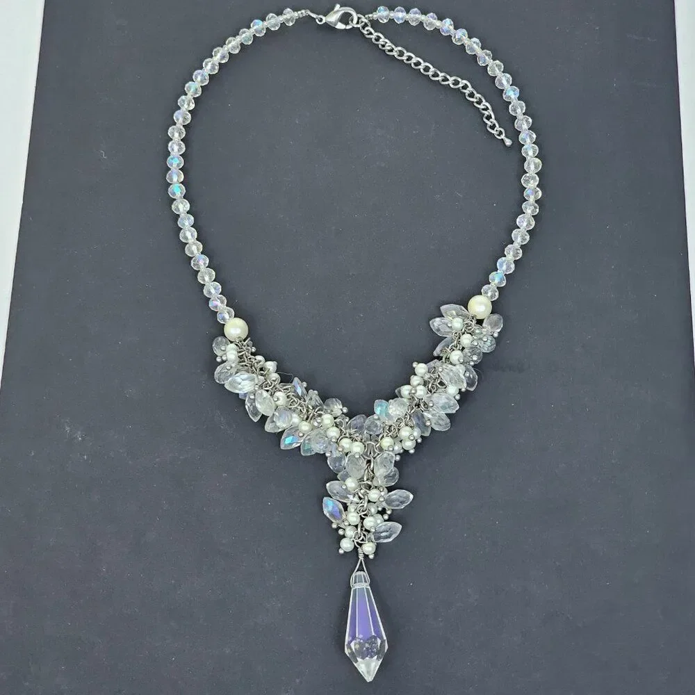 Crystal Faceted Glass Faux Pearl Cluster Y Statement Necklace Prism Drippy‎ Bead